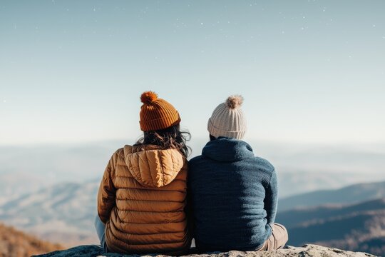 Balanced lifestyle through digital detox and reduced screen time concept. Two friends sit on a rock wearing cozy winter jackets and hats admiring a scenic mountain view under a clear blue sky