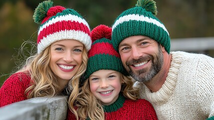 Obraz premium Matching family Christmas knit hats in red, green, and white, ready for winter photos