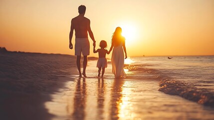 Cherishing moments a family's joyful walk along the beach at sunset