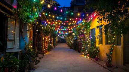 Fototapeta premium vibrant night scene of neighborhood adorned with colorful lights, creating festive atmosphere