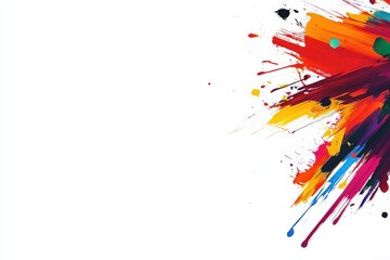 Naklejka premium This artwork features a dynamic explosion of vibrant paint splashes in various colors, creating a lively contrast against a clean white backdrop, showcasing creativity and artistic expression.