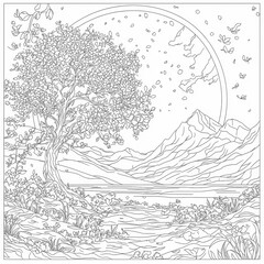 Fototapeta premium A magical cherry blossom tree with fairies around it, anime coloring page for kids, simple outline illustration. Coloring book, simple lines.
