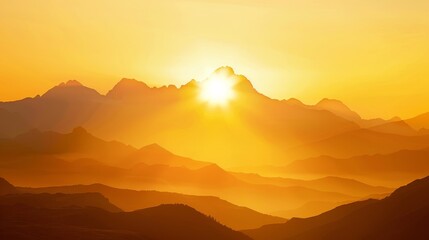 Fototapeta premium Golden sunrise illuminating silhouetted mountains, peaceful scene Close-up photo with clean background