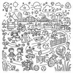 A sports day with various games and activities, coloring page for kids, simple outline illustration. Coloring book, simple lines.