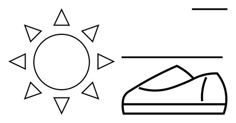 Sun with triangular rays beside a casual shoe. Ideal for summer activities, outdoor events, sport, casual fashion, travel, wellness, leisure. Line metaphor