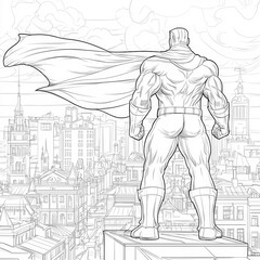 A superhero saving the day in a city, coloring page for kids, simple outline illustration. Coloring book, simple lines.