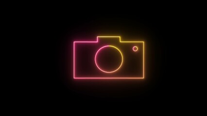 Light glowing neon yellow and pink color camera animation icon camera frame pictogram photograph animated on black background.