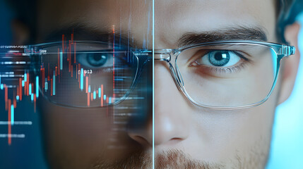 Close up of man with glasses analyzing financial data and charts