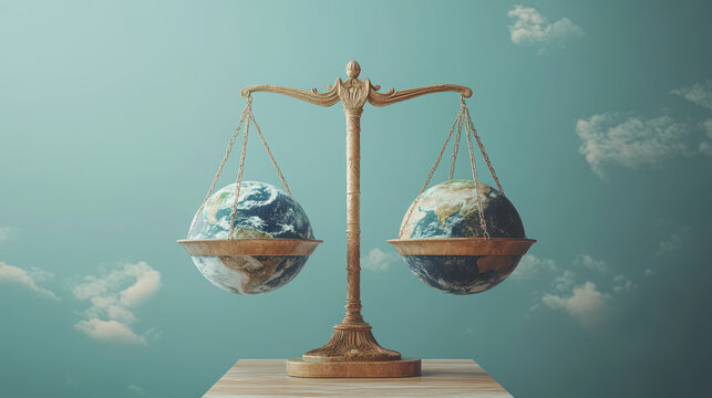 stylized 3D banner depicting scale balancing two globes, symbolizing justice and equality. serene background enhances emotional impact of image