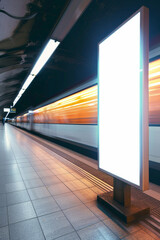 A motion-blurred train passes by a white vertical mock-up banner in an underground station, captured in a long exposure shot.