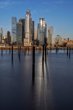 Empire State Building and Hudson Yards at sunset viewed from The Waterfront in Weehawken, NJ, USA; Weehawken, New Jersey, United States of America