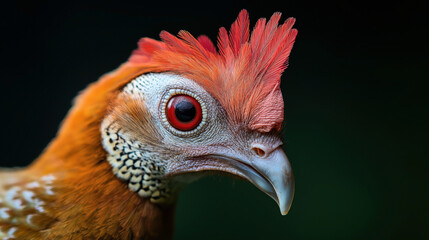 Fototapeta premium Close-up view of a vibrant bird with red and orange plumage and a distinct red crest, focused beak, and intricate feather details against a dark background.
