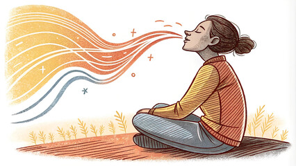 Meditation practice in a serene outdoor setting at sunset with a focus on deep breathing and mindfulness