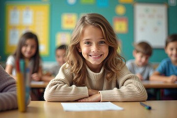 Smiling Girl Writing in Classroom - Capturing the Joy of Childhood Learning and Education in a Diverse Classroom Setting