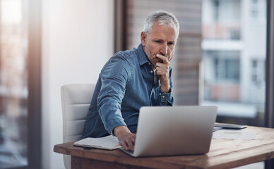 Mature man, company and thinking with laptop for research information, review and reading business...