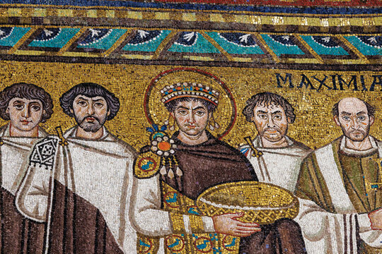 Detail of Justinian Mosaic in the chancel of San Vitale Basilica, Ravenna, Ravenna Province, Italy