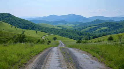 Fototapeta premium Peaceful mountain road, rolling hills, clear summer skies, Close-up photo with clean background