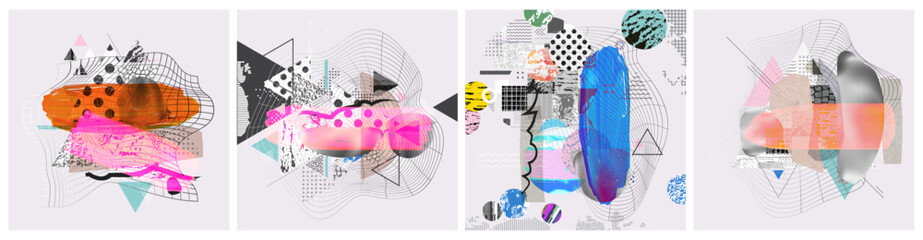Different textures and shapes artistic vector illustration collage set. Geometric abstract design, creative background for banner, brochure, card, invitation, flyer, placard, poster, report, artwork	