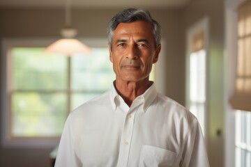 Obraz premium Portrait of a tender indian man in his 60s wearing a classic white shirt isolated in stylized simple home office background