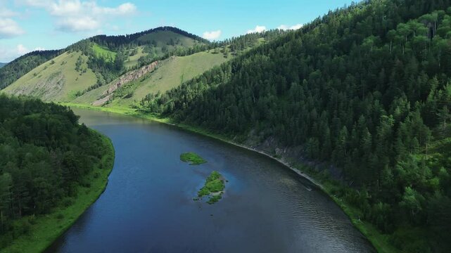 A high-angle drone footage of the beautiful Mana river in siberia, Russia
