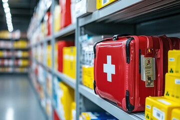 Close-Up Of A First Aid Kit On An Office Shelf, Alongside Health And Safety Policy Documents, Showcasing Preparedness For Emergencies