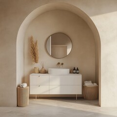 A bathroom with a sink and a mirror. The sink is white and the mirror is gold. There are two bottles on the counter, one is a bottle of perfume and the other is a bottle of lotion
