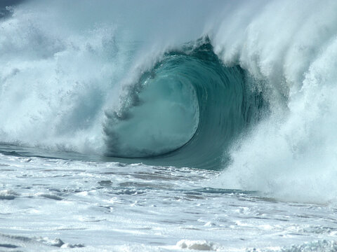 Big wave tube, powerful ocean wave, curling and cresting with foamy spray; Hawaii, United States of America