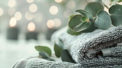 Relaxing spa scene with eucalyptus leaves and towels Close-up photo with clean background