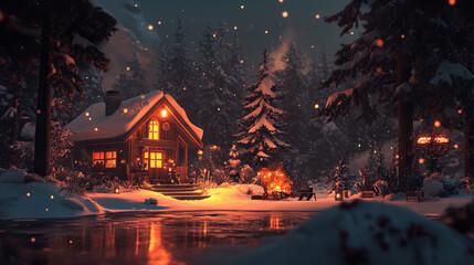 cozy cabin illuminated by warm light stands amidst snowy landscape, surrounded by tall trees and serene atmosphere. scene evokes sense of tranquility and warmth in winter night