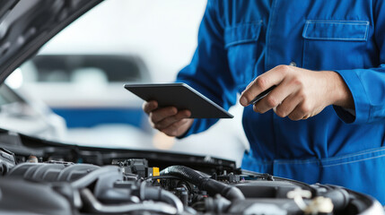 Car mechanic in blue uniform using digital tablet to check vehicle diagnostics, showcasing modern technology in automotive repair