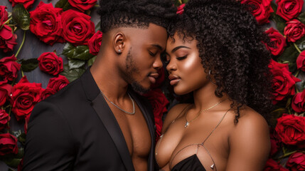 couple gazes lovingly at each other, surrounded by vibrant red roses, creating romantic and intimate atmosphere. Their expressions convey deep affection and connection