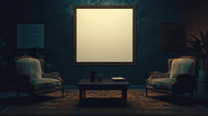 3D render of a dimly lit living room with vintage armchairs, a modern coffee table, and a stylish blank poster.