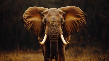 Obraz premium Close up image of a wild elephant showcasing its impressive ivory tusks and large ears ideal for artistic textures and web design backgrounds