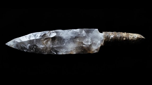 Bifacial knife crafted from flint representing Middle Paleolithic technology displayed against a black backdrop