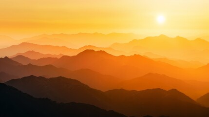 Fototapeta premium Silhouetted mountains with golden sunrise light, vibrant sky hues Close-up photo with clean background