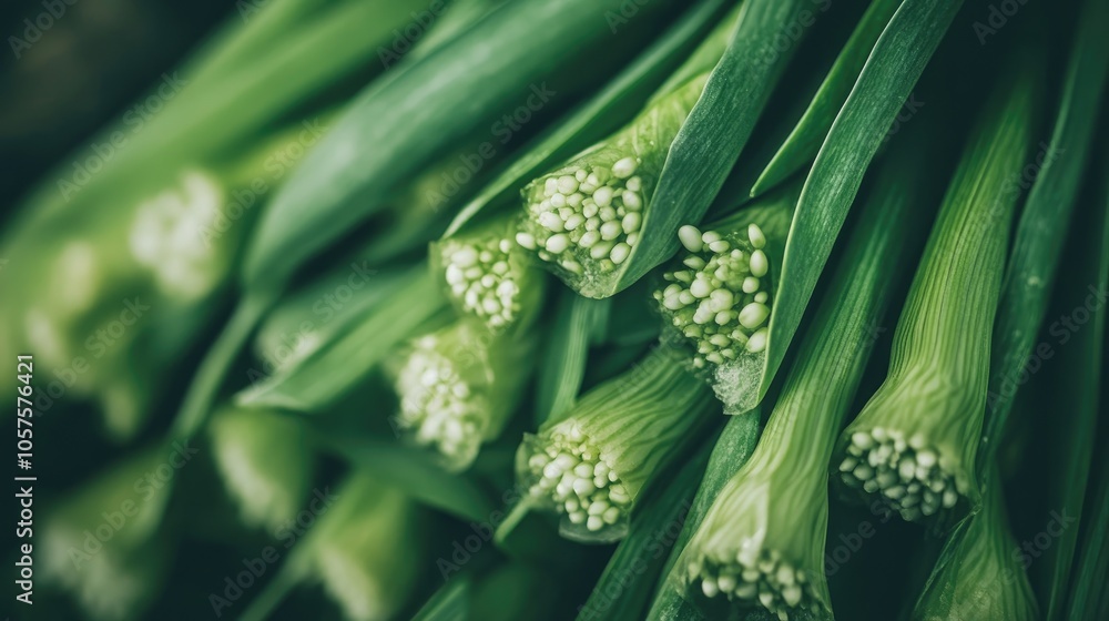 Poster close up macro view of fresh green spring onions highlighting their vibrant color and texture