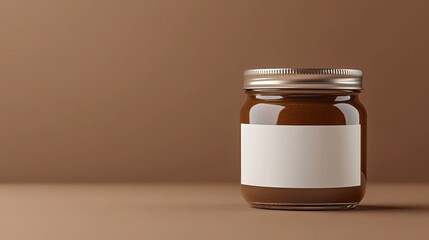 Chocolate spread jar with a blank label mockup displayed against a neutral brown studio background
