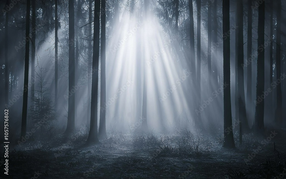 Poster ethereal beams of light filtering through trees in a misty forest at dawn