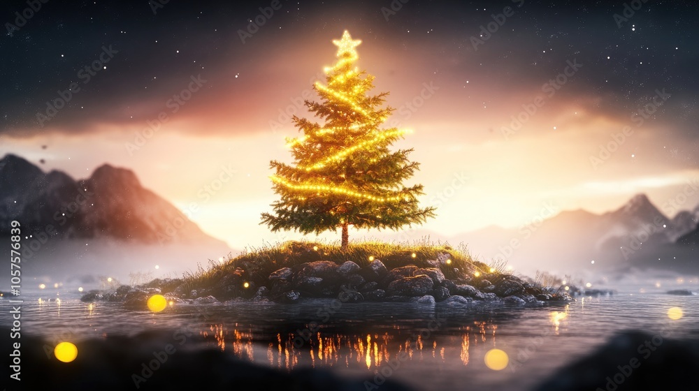 Aufkleber charming festive tree by the shore featuring ample blank space for text or graphics