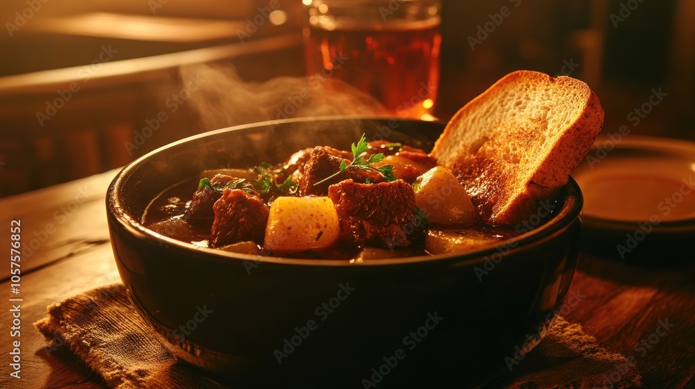 Aufkleber close up image of a comforting beef stew with potatoes in a slow cooker accompanied by a slice of to