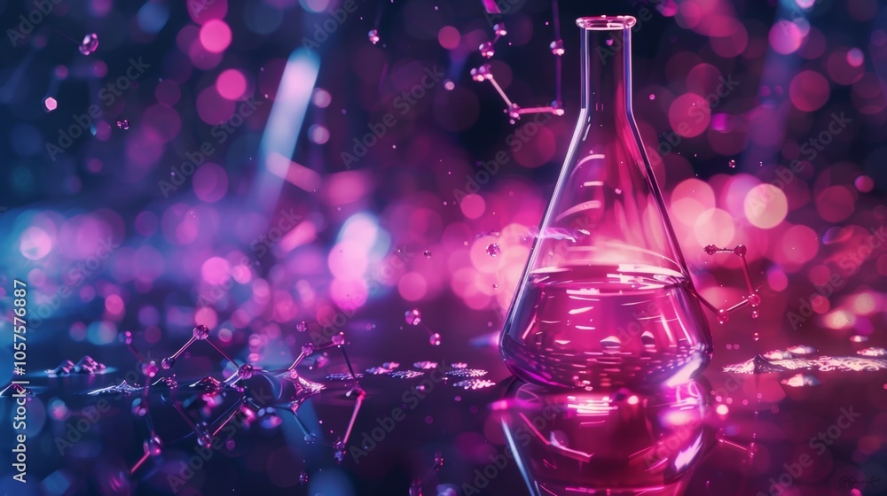 Poster flask with pink and purple bokeh science background