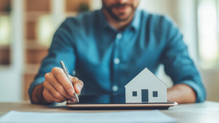 Fototapeta premium Professional reviewing property loan terms with model house
