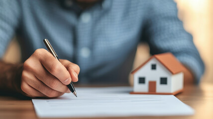 Person signing property loan application with model house nearby