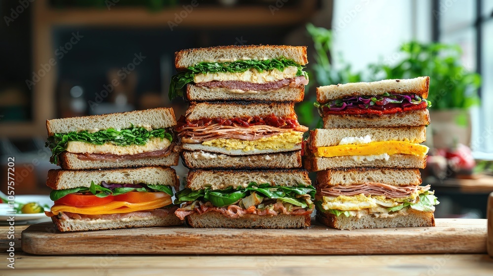 Poster a variety of stacked sandwiches displayed on a table creating a vibrant food backdrop suitable for a