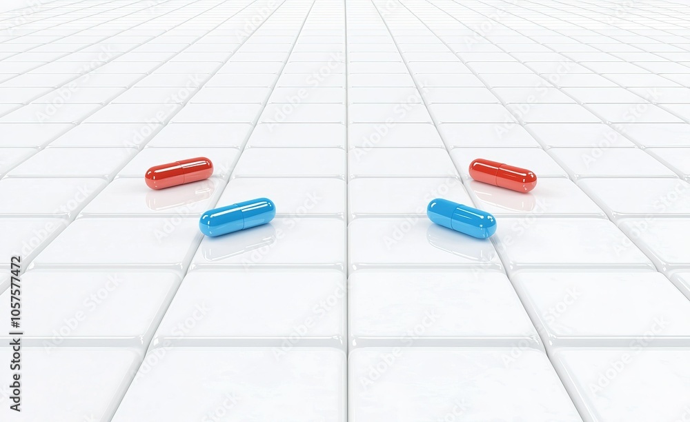 Poster colorful capsules arranged on a clean tiled surface, serving as a visual representation of choices a