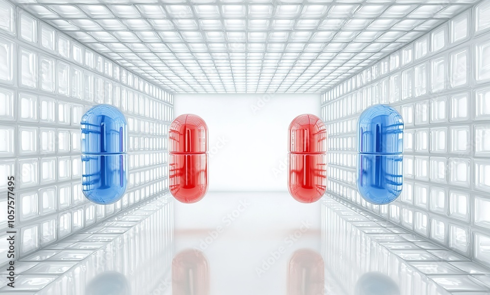Poster floating capsules in a futuristic setting with bright lighting and a clean, minimalistic design capt