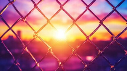 Fototapeta premium Chain link fence silhouetted against a sunset in an urban environment