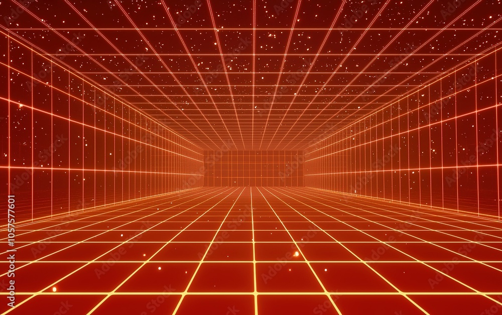 Poster a vibrant digital landscape featuring a glowing red grid with stars, creating a three-dimensional il
