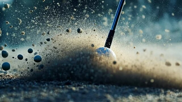 Close-up of a golf ball and putter on a screen displaying a virtual golf course, a golf ball about to be hit, Golf ball on a golf course, footage, 4k footage, videos, video clip, slow motion