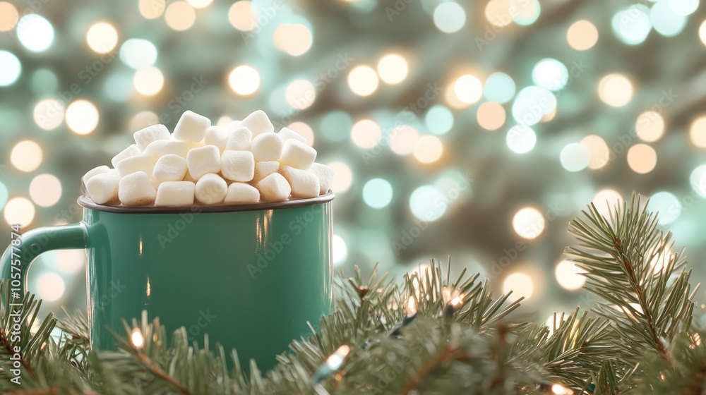 Poster close up of an enamel cup filled with hot cocoa topped with mini marshmallows surrounded by pine bou